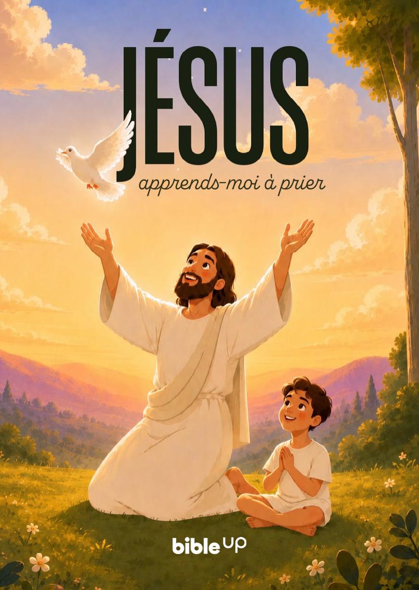 Couverture du livret Jésus, apprends-moi à prier : Jésus et un enfant en prière dans un paysage au coucher du soleil