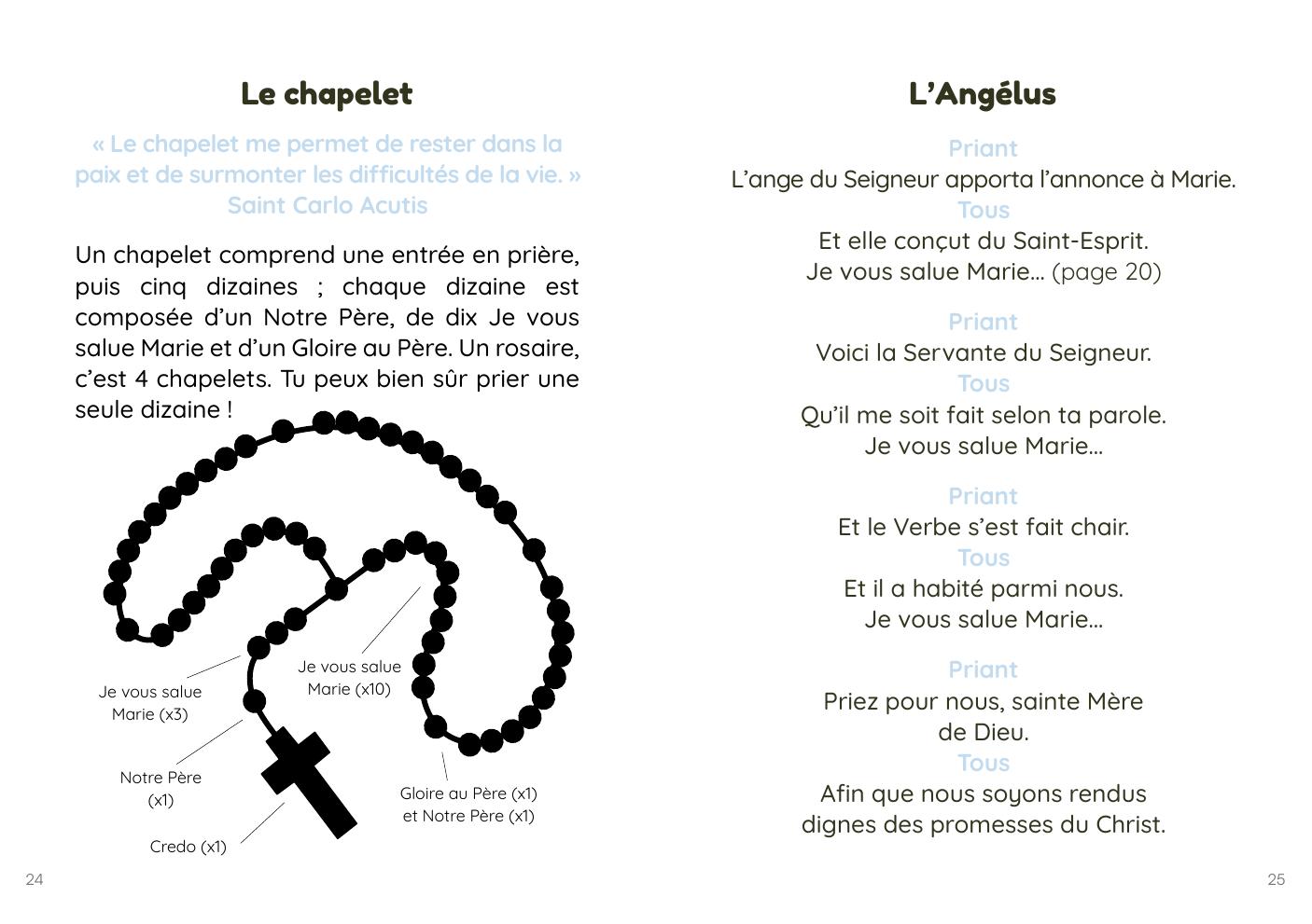 Double page expliquant le chapelet avec un schéma légendé et l'Angélus