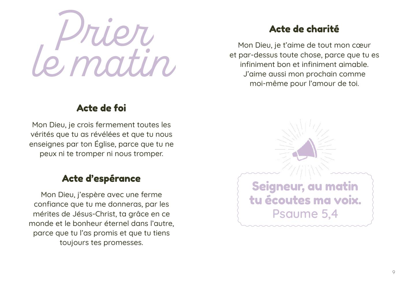 Double page « Prier le matin » avec les actes de foi, d'espérance et de charité